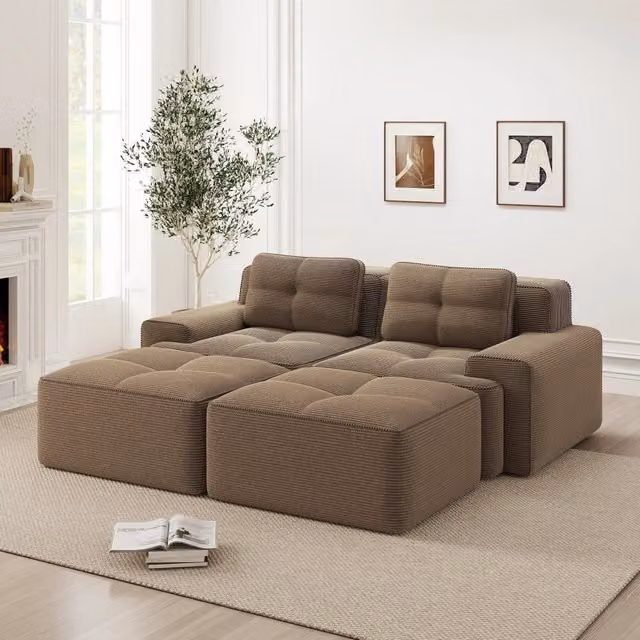 Divano Modulare con Ottoman ¨C MINIMAL ¨C Velluto a Coste, Marrone, 2 Posti
