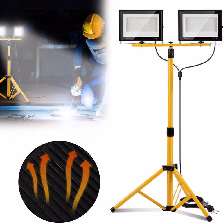 Faretto da cantiere a LED Ikodm con treppiede, lampada da lavoro 2x100 W IP66, faretto da cantiere regolabile in altezza per esterni, 6500 K, ideale per cantieri, garage, officine e giardini