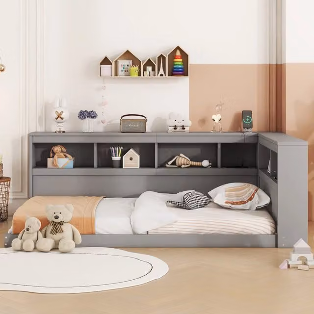 Letto giorno con rete a doghe ¨C Minimal ¨C grigio, pannelli di fibra, 90x200 cm, con presa e 2 porte USB