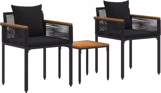 Set di mobili da esterno in rattan e metallo con cuscini neri per giardino, balcone o terrazza – 1