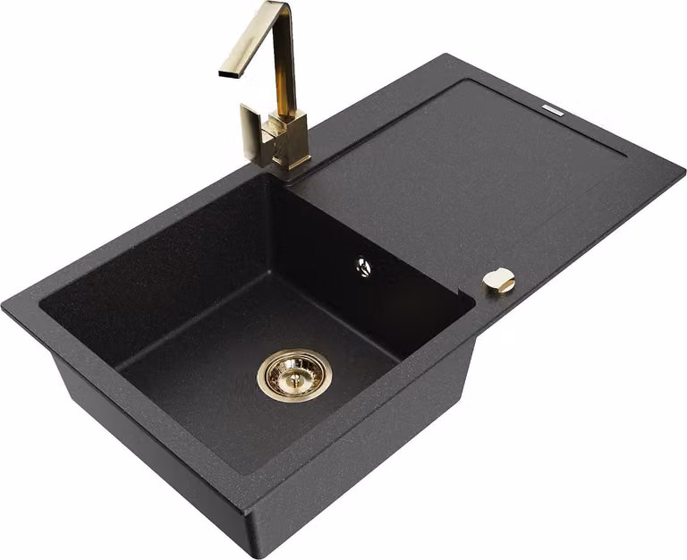 Mexen Leo lavello in granito 1-vasca con scolapiatti e miscelatore cucina Rita, nero/metallo argento - 6501-73-670300-50