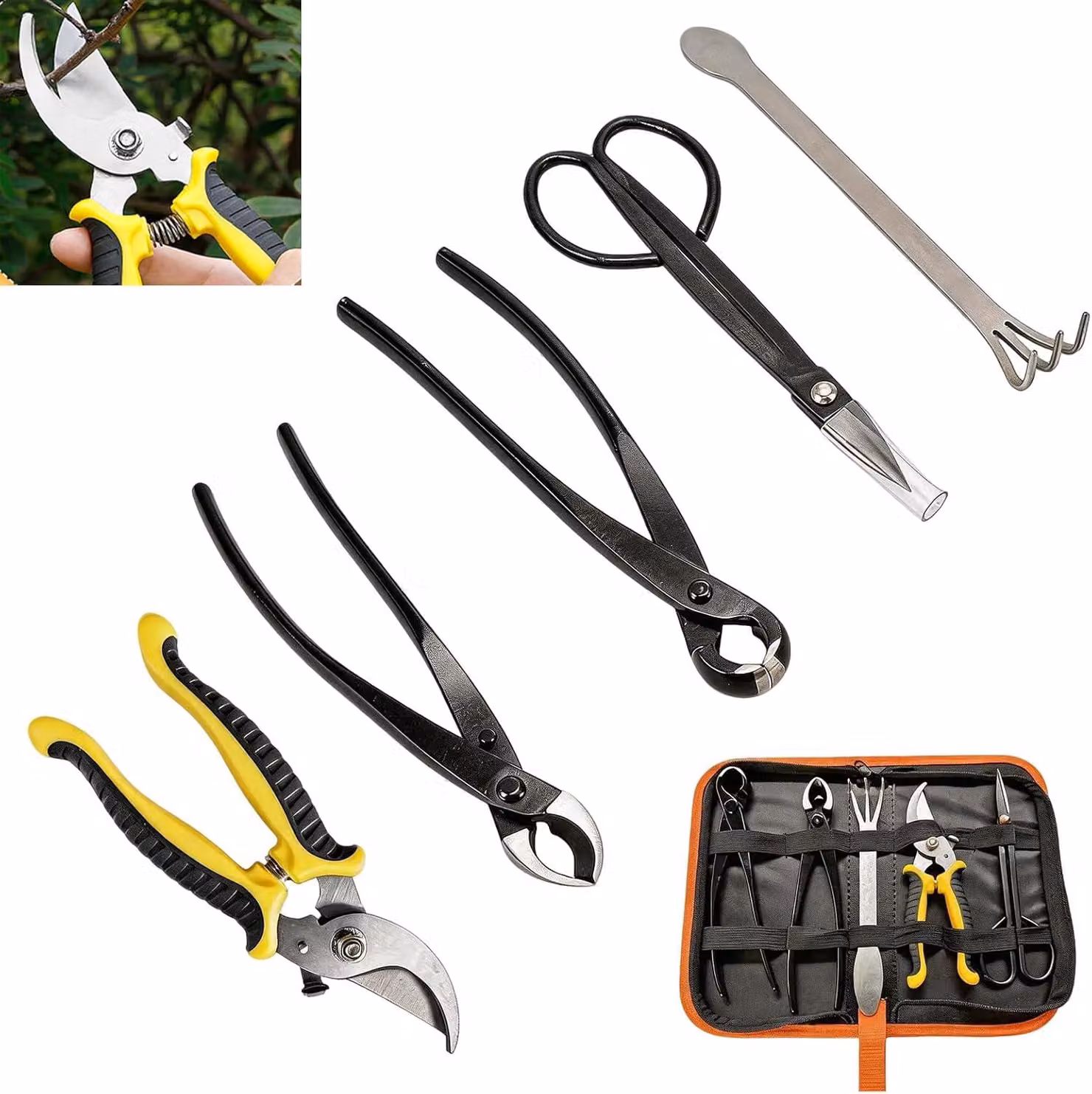 Set di strumenti per bonsai, composto da 6 pezzi, Acciaio al carbonio, con custodia, ideale per la cura dei bonsai