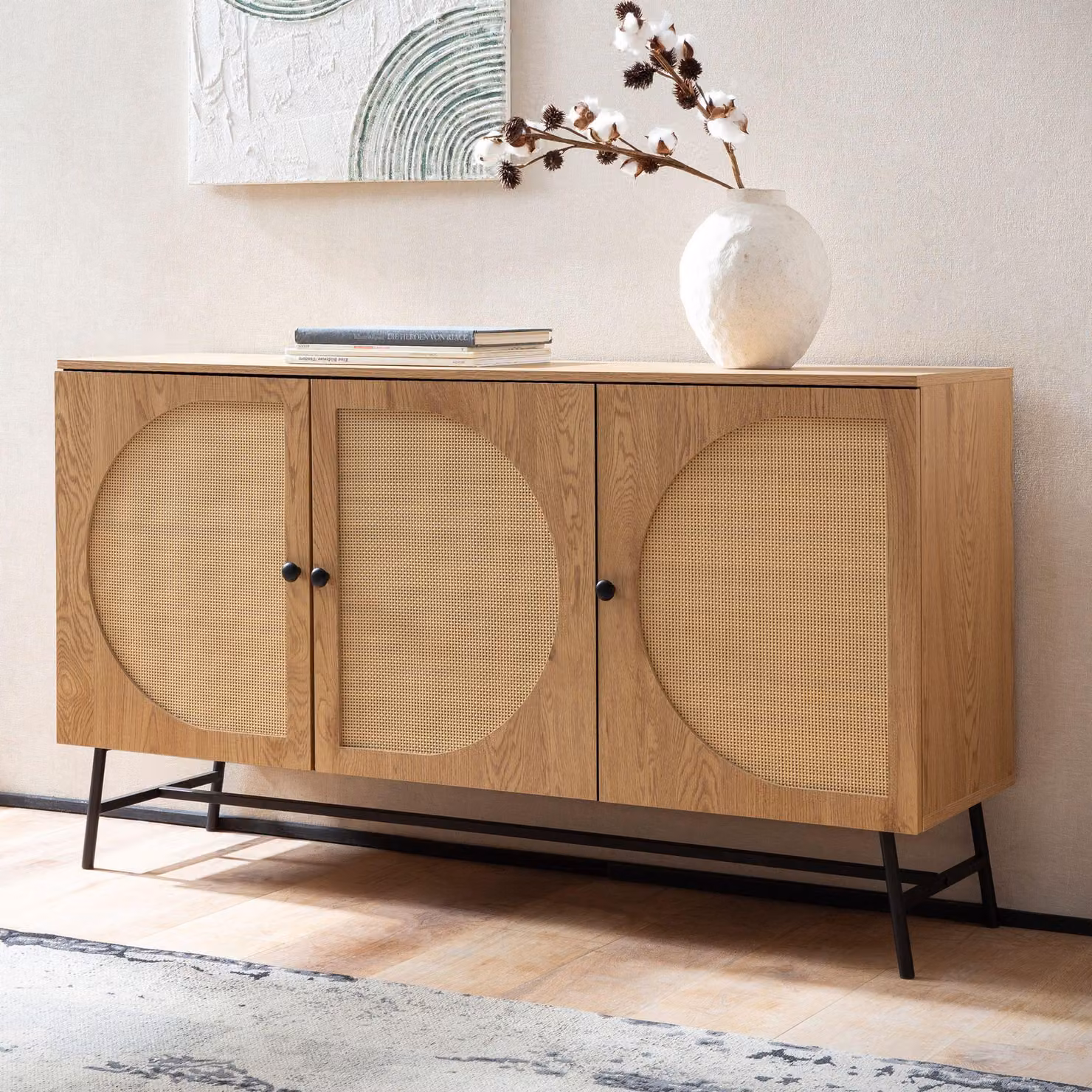 FineBuy Credenza 140x80x39 cm Comò in finitura rovere con intreccio in rattan Moderno Comò alto Comò da salotto a 3 ante Credenza da salotto