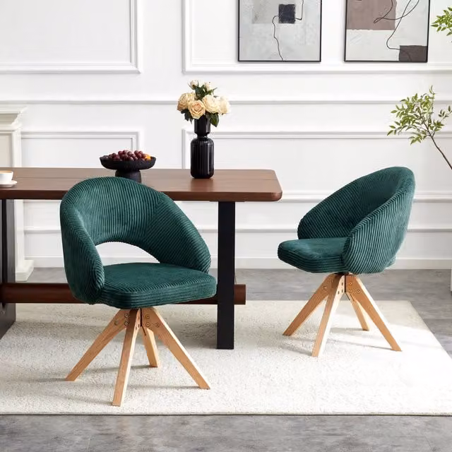 Set di 2 sedie da pranzo girevoli a 360° OKWISH in velluto verde con base in legno massello e design retro a righe – 1