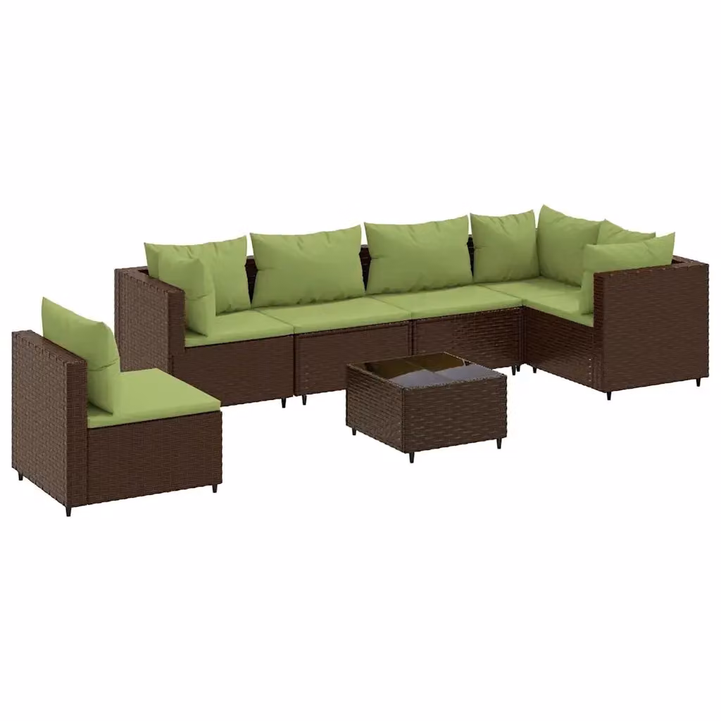 vidaXL Set Divani da Giardino 7 pz a Forma a L con Cuscini e Tavolino in Polyrattan Marrone e Verde – 2