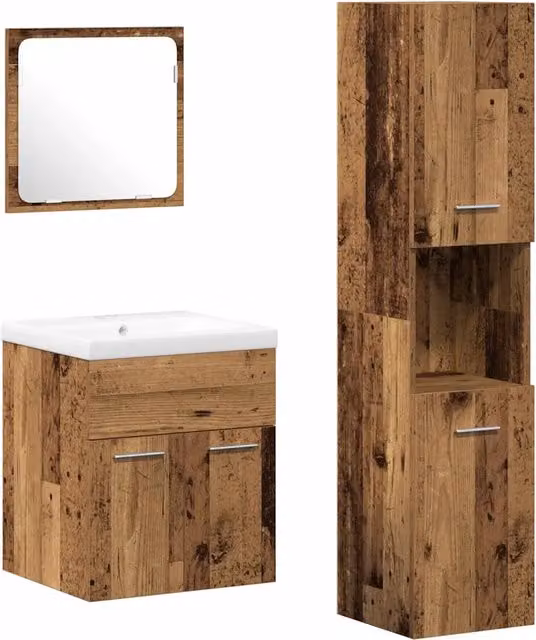 Set di mobili per il bagno moderno in legno e metallo marrone composto da mobile lavabo e armadietto con specchio – 1