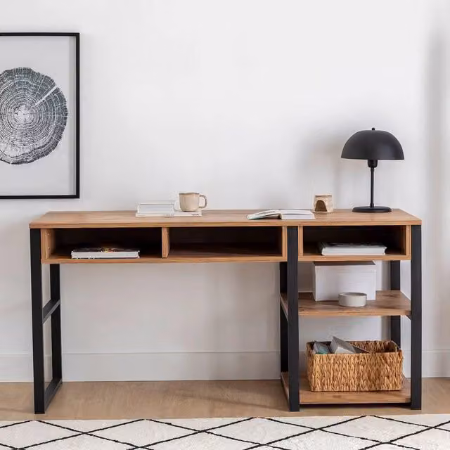 Scrivania moderna DMORA in legno e metallo, colore marrone rovere e nero, L 150 x P 58 x H 76 cm – 1