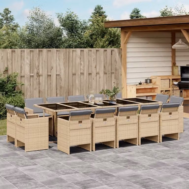 vidaXL Set Pranzo da Giardino 15 pz in Polyrattan con Cuscini Beige Misto e Piano in Vetro