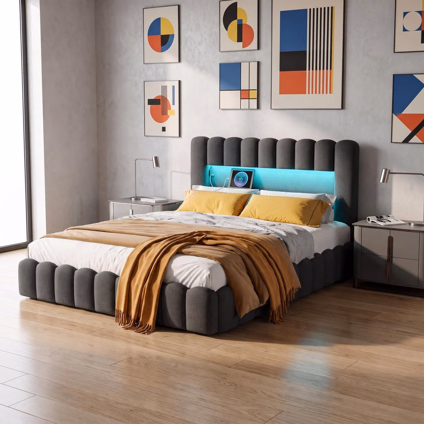 Letto imbottito INONEFT 160x200 cm con contenitore, letto matrimoniale a molle con LED e USB, letto per ragazzi multifunzionale con rete a doghe, tessuto in lino, colore grigio