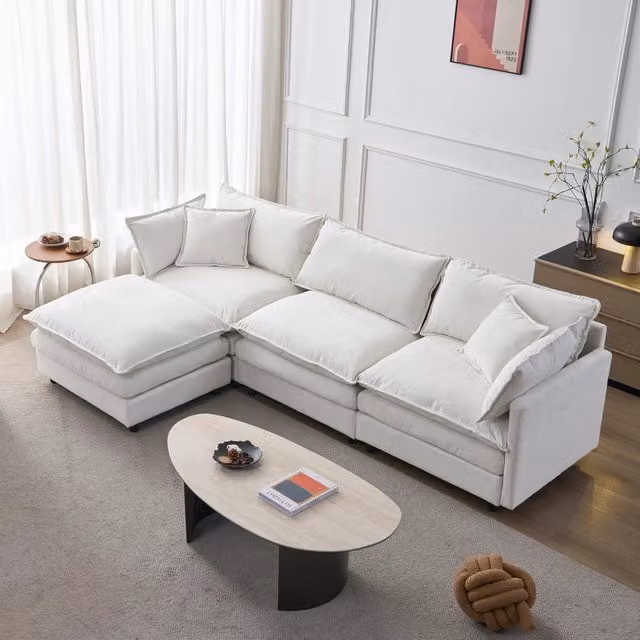 Divano angolare modulare 3 posti con pouf in ciniglia beige