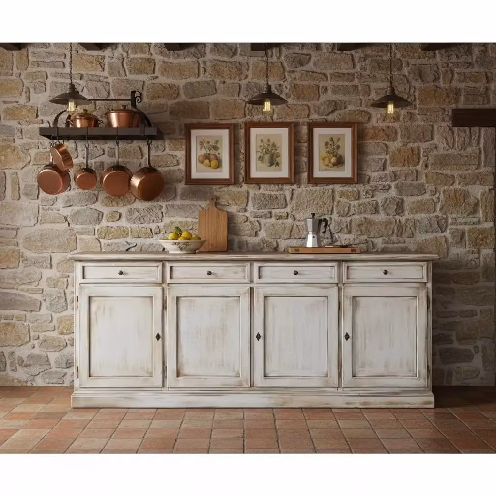 Credenza 4 porte in legno stile shabby chic bianco anticato Mobili 2G L: 205 cm, P: 42 cm, H: 86 cm – 3