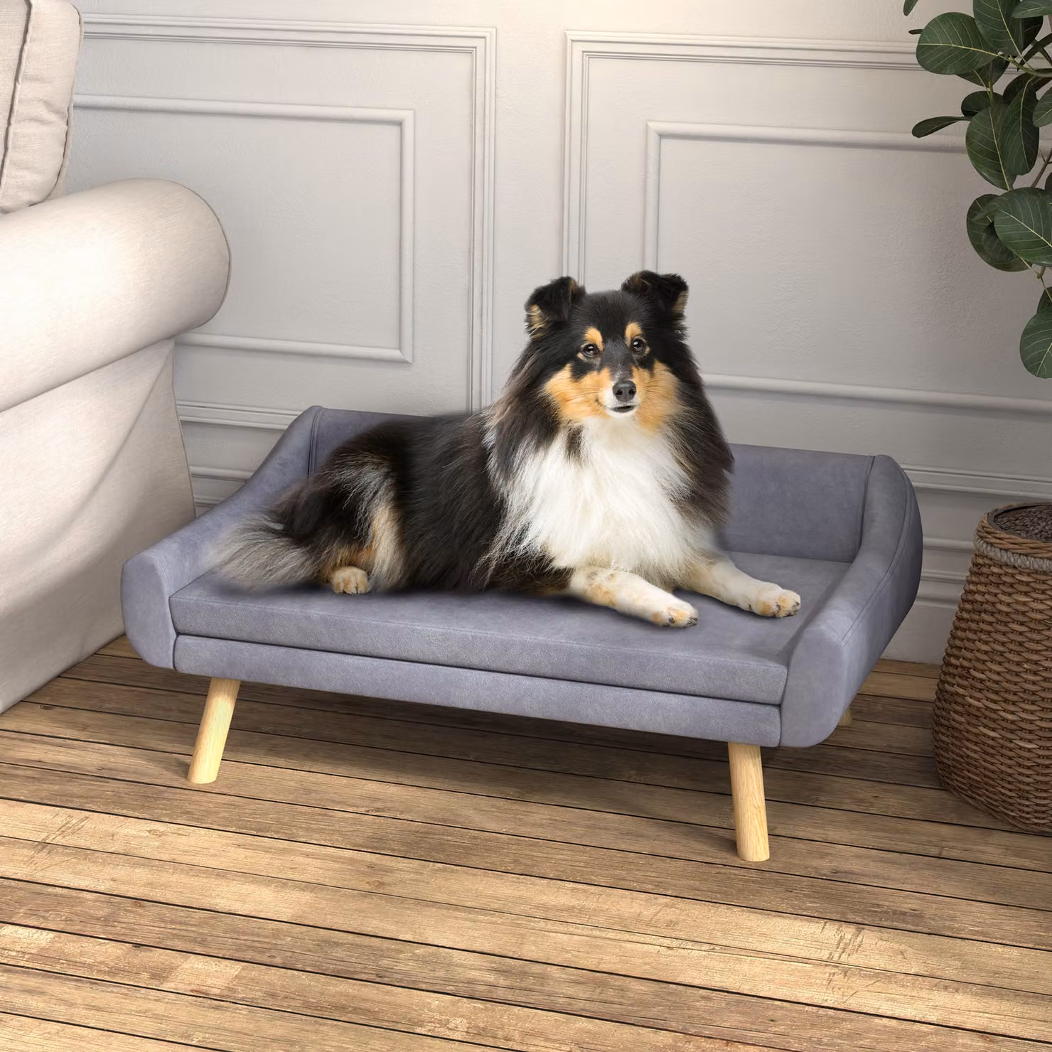 Divano per cani PawHut in stile scandinavo con tessuto effetto velluto grigio e piedi in legno massello con cuscino rimovibile – 2