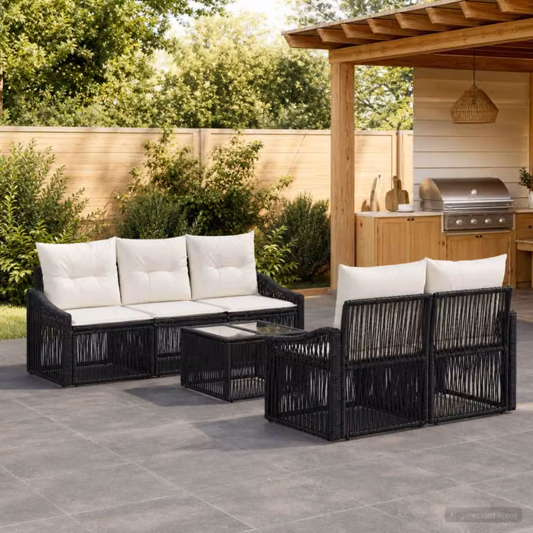 Set Divano da Giardino vidaXL 6 Pezzi Moderno a Forma di L con Tavolino e Cuscini Neri in Polyrattan e Acciaio