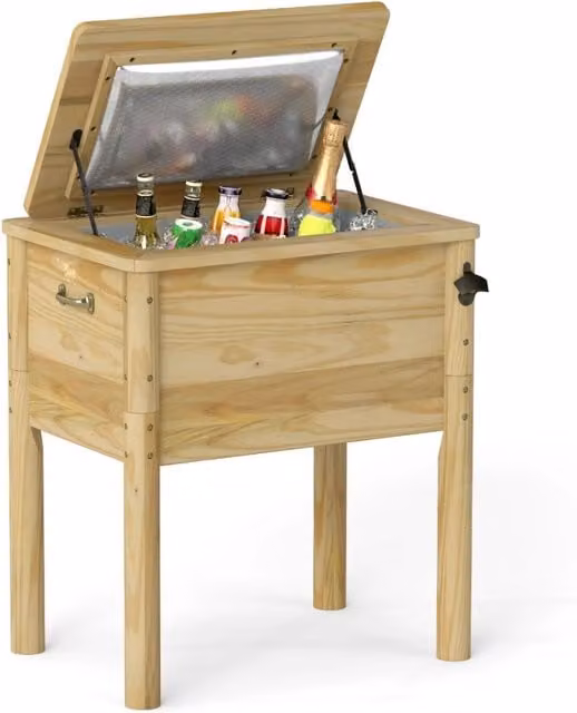 Tavolo portavivande in legno naturale Outsunny da 51 L con 3 maniglie e apribottiglie integrato colore marrone