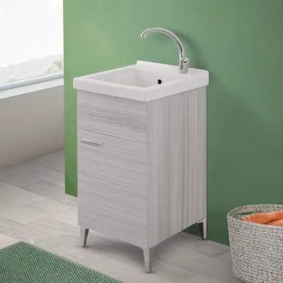 Mobile lavatoio in ceramica e legno per bagno moderno, grigio e bianco, L: 45 cm, P: 50 cm, H: 84 cm