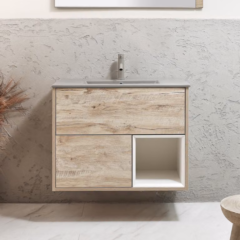 Mobile Bagno Sospeso con Ripiano Aperto in Rovere Chiaro da 812mm con Lavabo Grigio (Pebble) - Hoxton