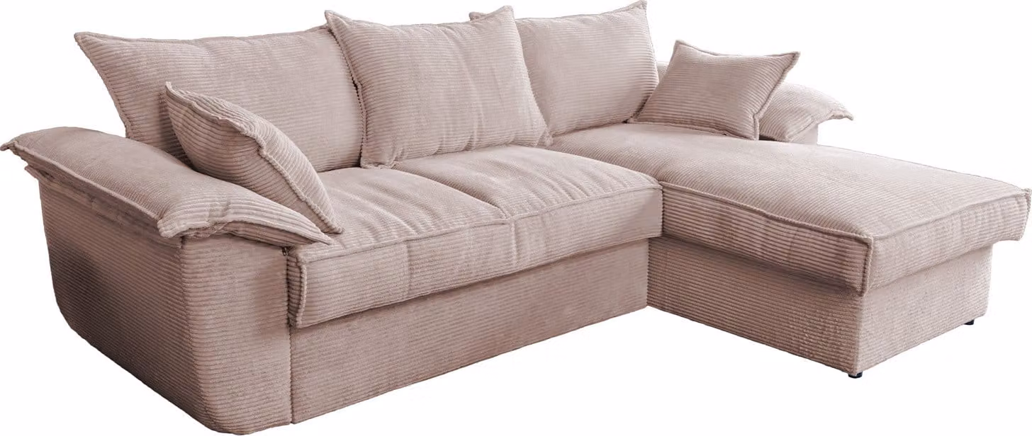 KAWOLA Divano DAMETO Divano letto angolare Divano letto con contenitore Cord rosa Recamiere destra