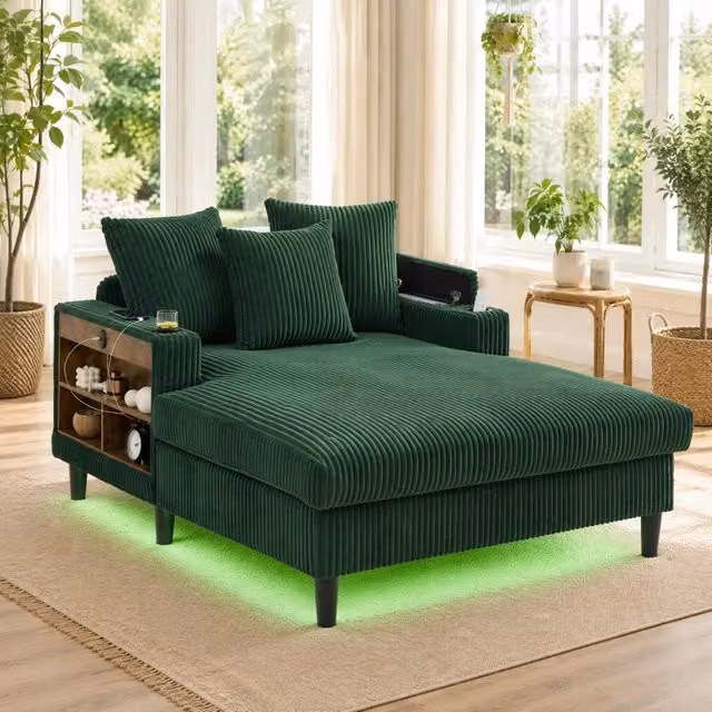 Chaise longue 170x129x70 cm verde scuro con LED e contenitore, velluto a coste