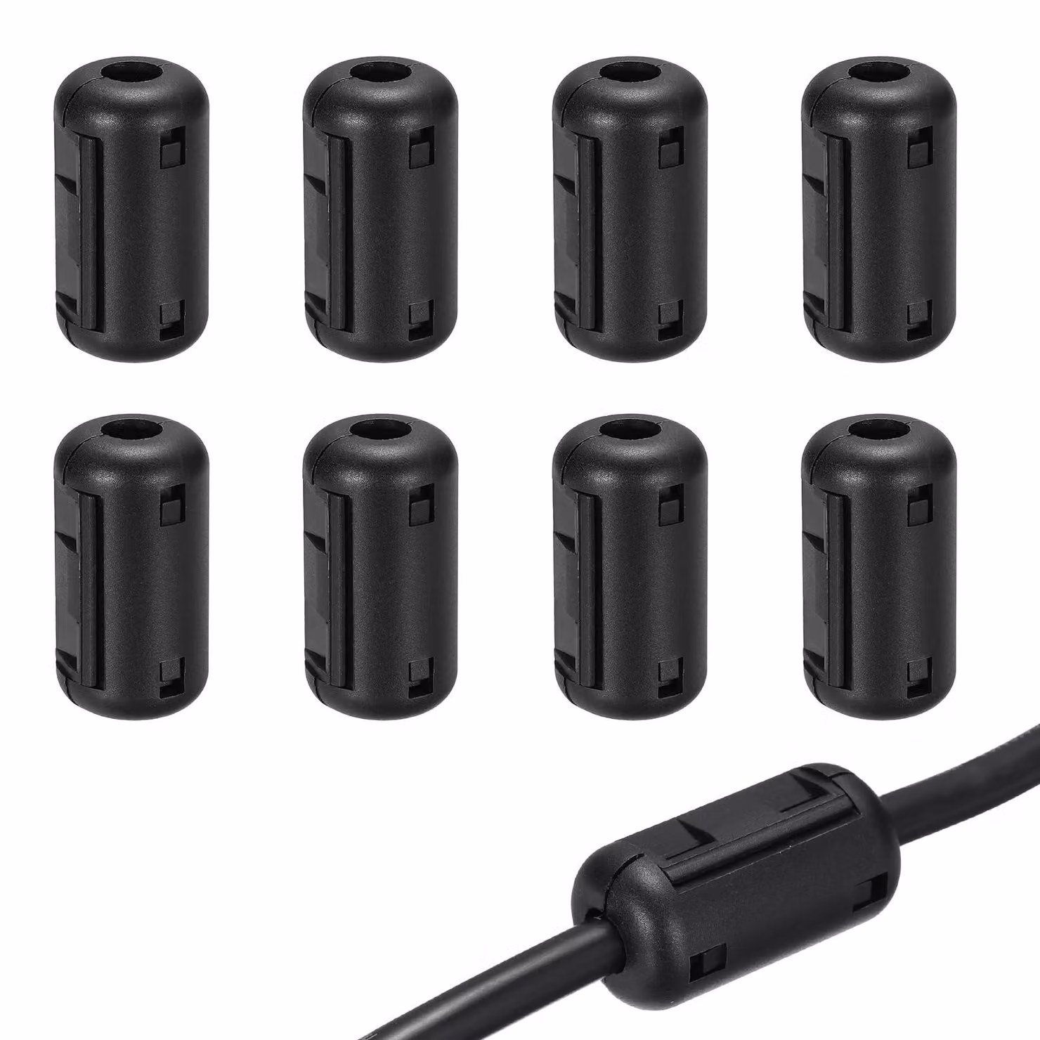 Set di 8 anelli ferromagnetici con clip, diametro 7 mm, filtro EMI/RFI, colore nero