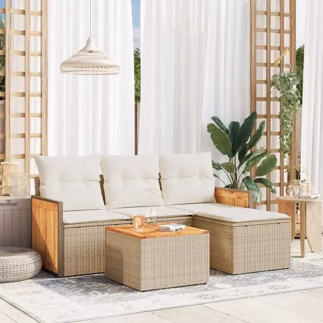 Set Divano da Giardino 5 pz con Cuscini-Sofa da Giardino-Divanetto da esterno Beige in Polyrattan 856172