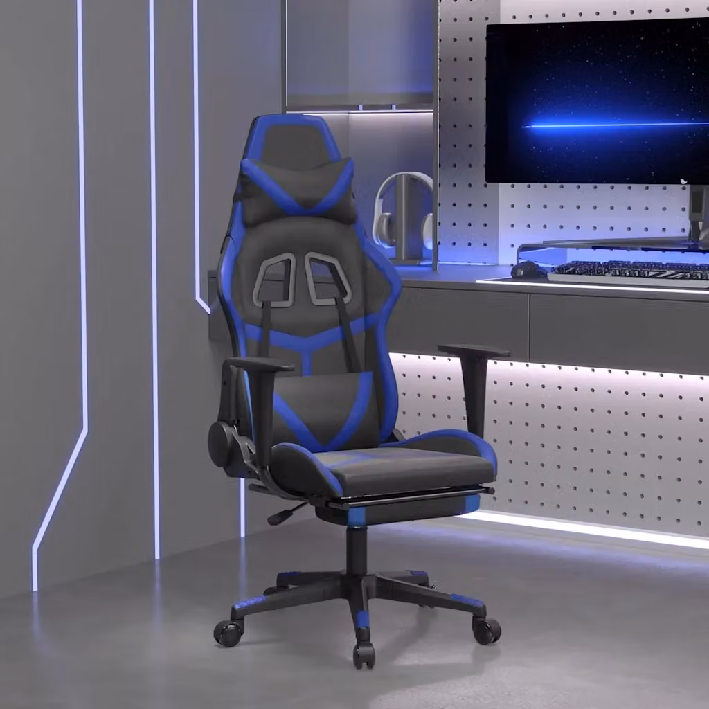 Sedia da Gaming Sportiva con Poggiapiedi e Poggiatesta, Nero e Blu in Similpelle – 2