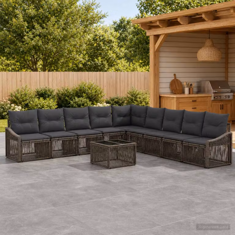 Set Divano da Giardino vidaXL 10 Pezzi a Forma di L con Tavolino in Polyrattan e Cuscini Grigio
