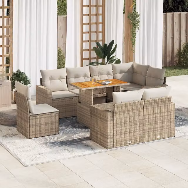 Set Divano da Giardino a L vidaXL in Polyrattan con Cuscini Beige e Tavolino da Esterno 9 pz