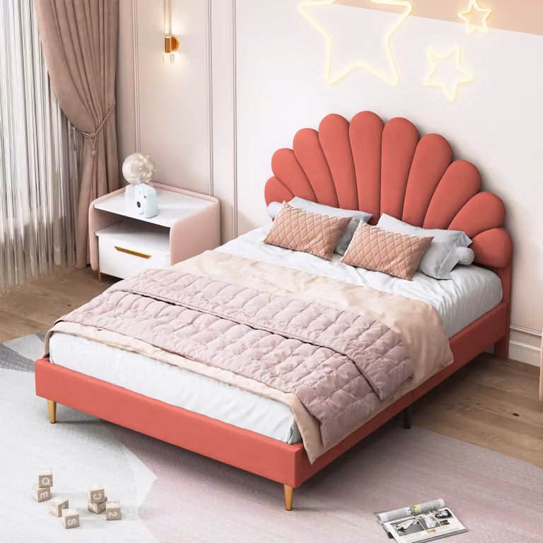 CDGlobal letto imbottito 140x200cm in velluto con testata a forma di fiore e rete a doghe letto matrimoniale letto per bambini per donne bambini giovani (rosso)