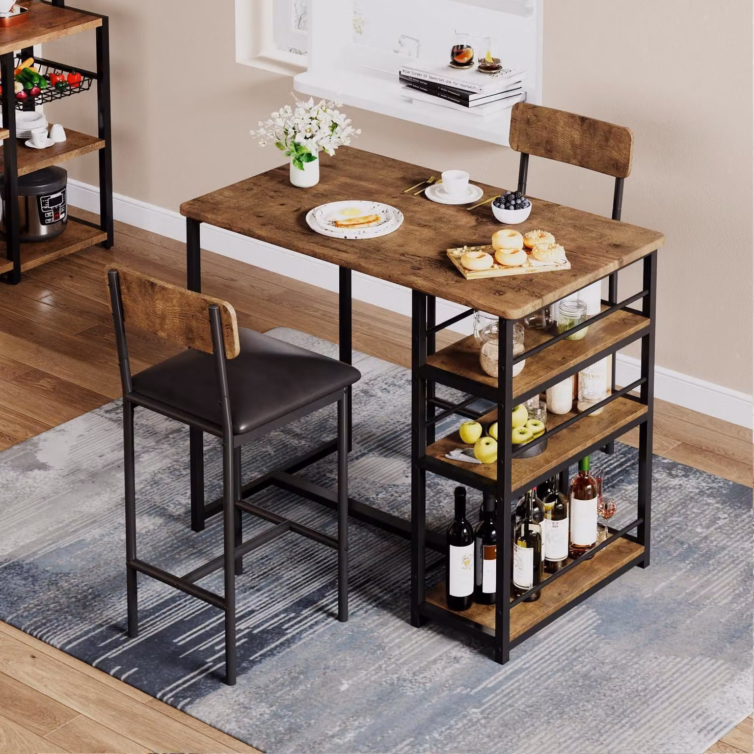 Tavolino da bar con 2 sgabelli, stile vintage, color marrone, 3 ripiani, struttura in acciaio e piano in MDF