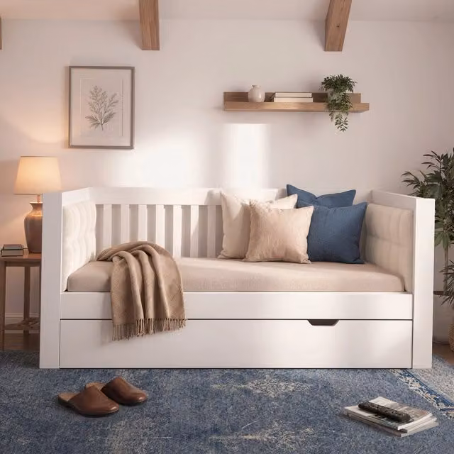 Letto da giorno in legno 90x200 cm con letto estraibile 90x190, salvaspazio, Bianco, ideale per piccoli appartamenti, rete a doghe (senza materasso)