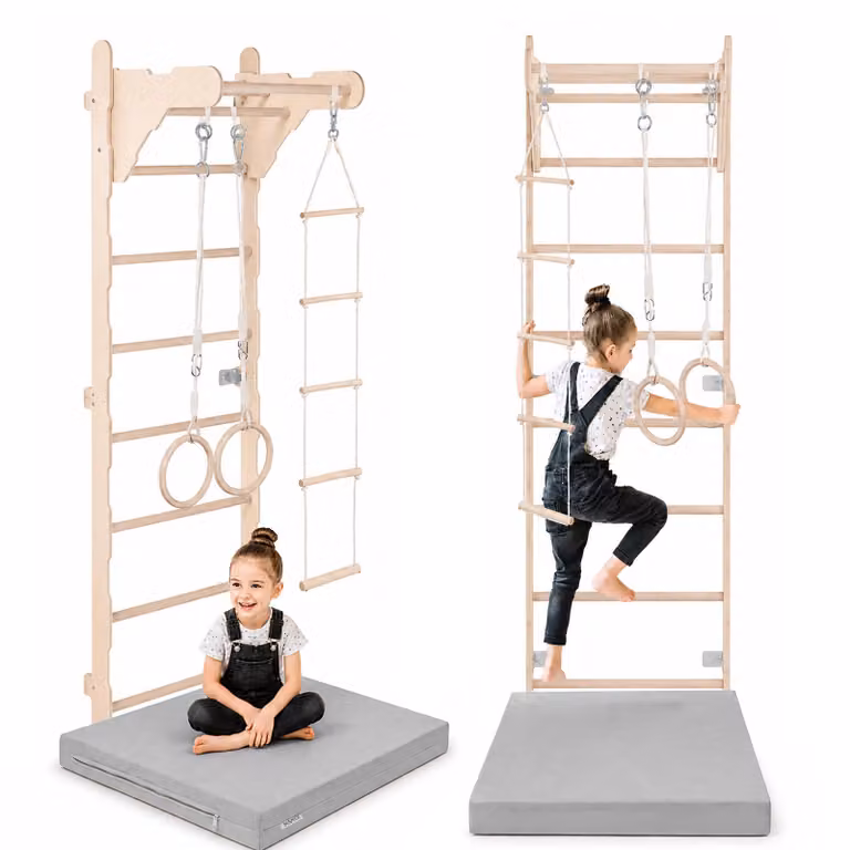 Scala ginnica per bambini (210 cm), Scala a muro in legno, Struttura per arrampicata per bambini, Ruote ginniche, Materasso protettivo