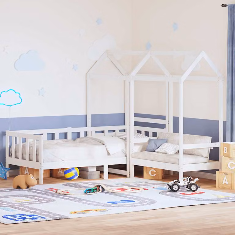 Set Letto a Casetta con Panca vidaXL in Legno di Pino Massello Bianco per Bambini L/P/H: 200 x 80 x 220 cm