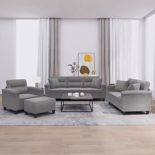 Set di Divani 4 Pezzi vidaXL in Microfibra Grigia con Cuscini e Pouf per Soggiorno – 1