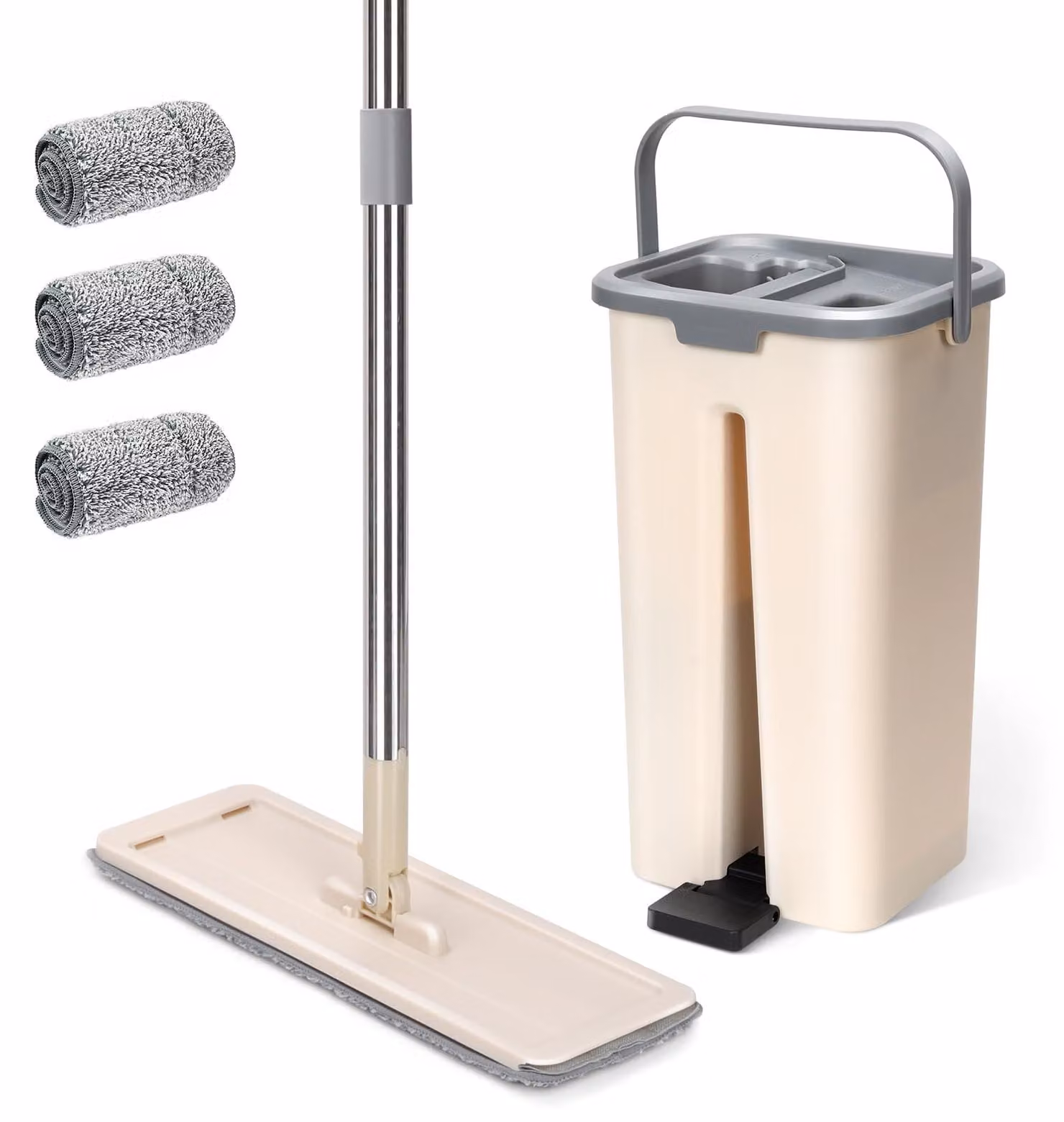 Set per la pulizia dei pavimenti a secco, completo di secchio strizzatore, 3 panni, lunghezza da 71 a 131 cm, acciaio inossidabile