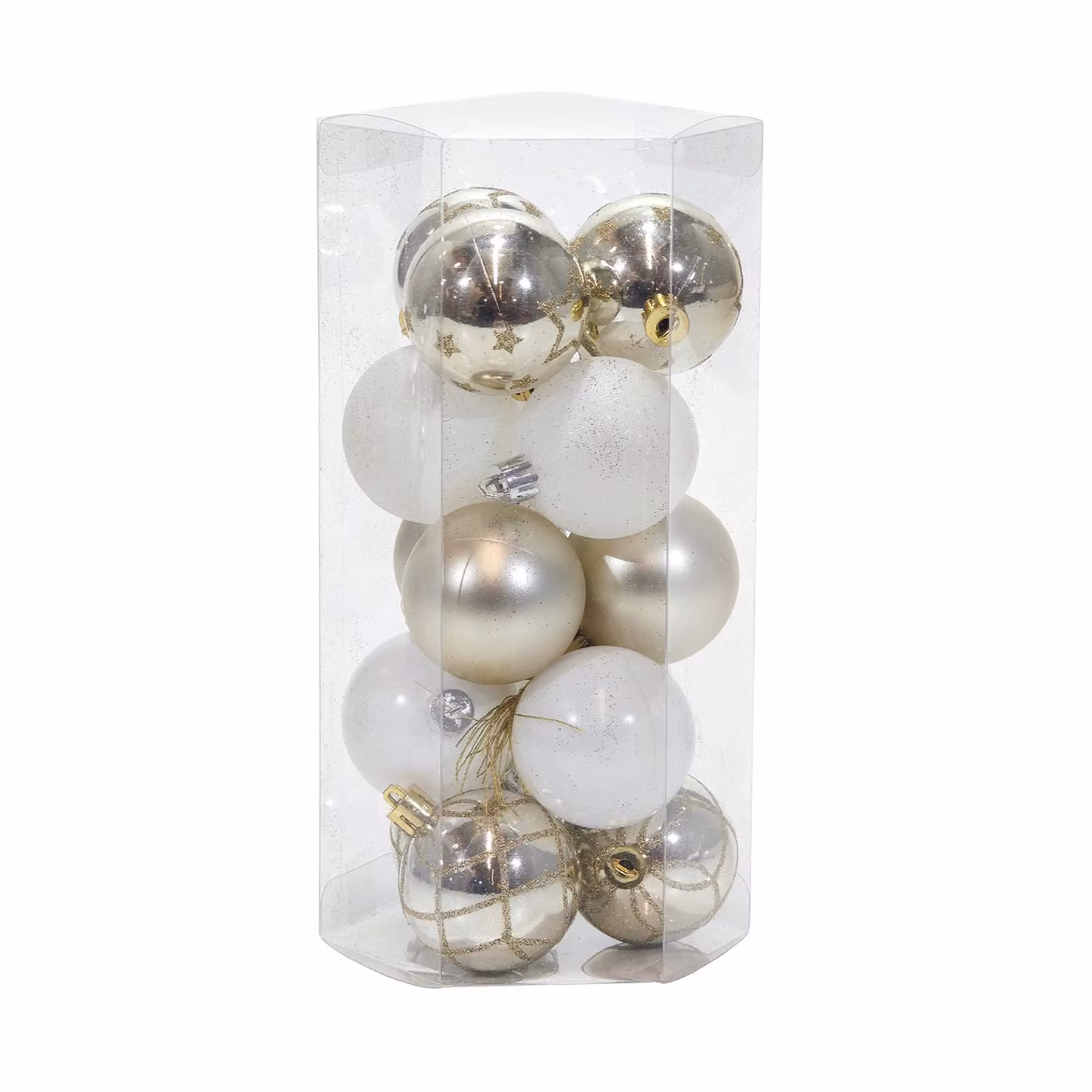 Set di 15 palline di Natale VESTIAMO CASA oro e bianche infrangibili, diametro: 5 cm – 1