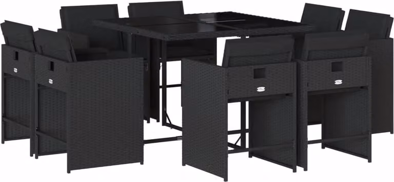 Set da Pranzo da Giardino 9 pz con Cuscini Nero in Polyrattan