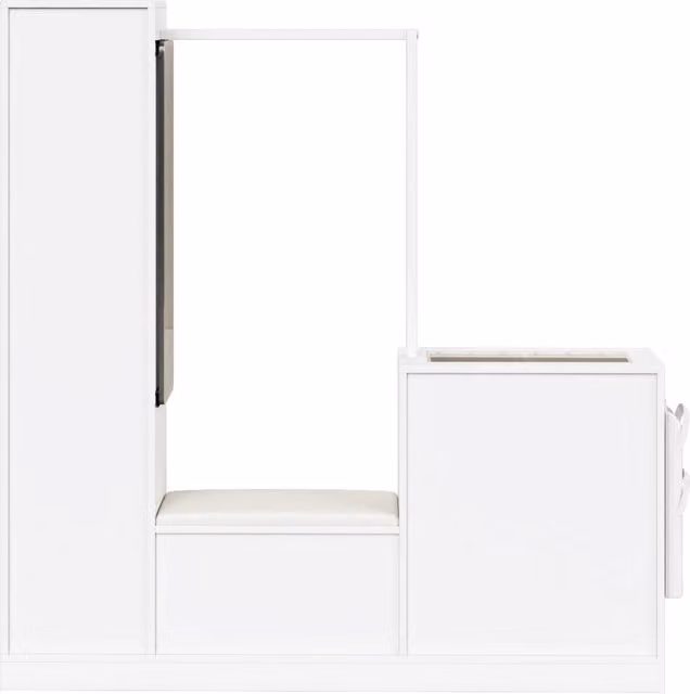 Set da ingresso 6-in-1 con vano trucco; asta; scarpiera a ribalta; vetrina e LED via app; truciolato; bianco