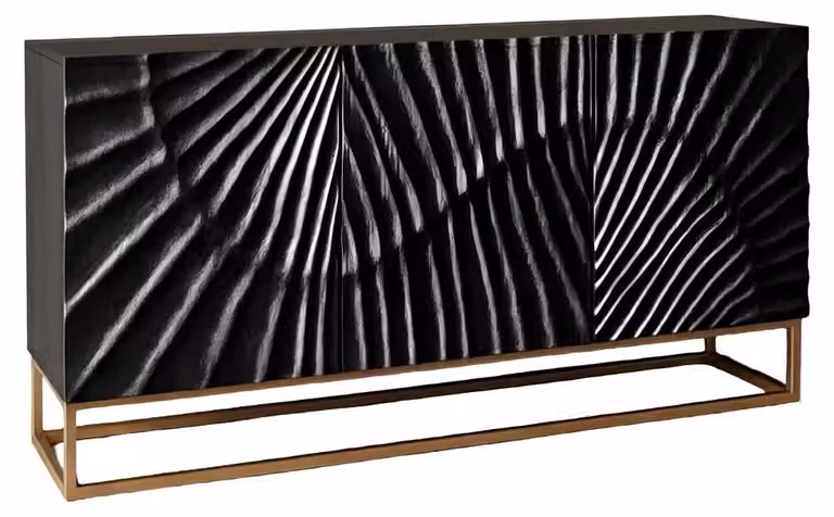Buffet SILVA 177 cm in legno massiccio di mango nero intagliato – 4 porte e basamento dorato