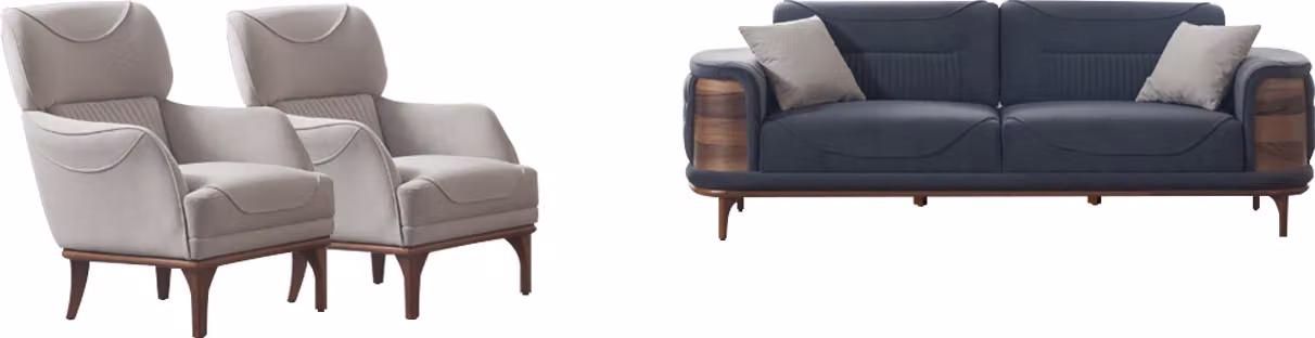 Graues Sofa komplett mit 2 weißen Sesseln luxuriöser gepolsterter Sessel,