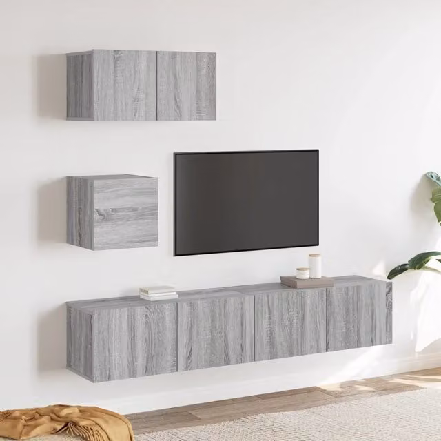 Set di mobili porta TV moderno vidaXL in legno multistrato grigio opaco, 4 pezzi da appendere alla parete