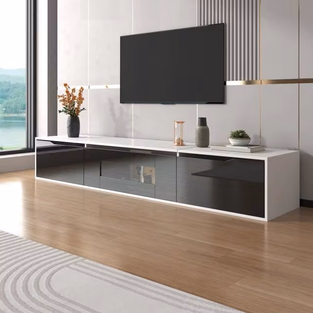 Mobile TV moderno Zephmum con vetrina e illuminazione LED integrata, finitura lucida bianco e nero, L: 180 cm, P: 35 cm, H: 30 cm