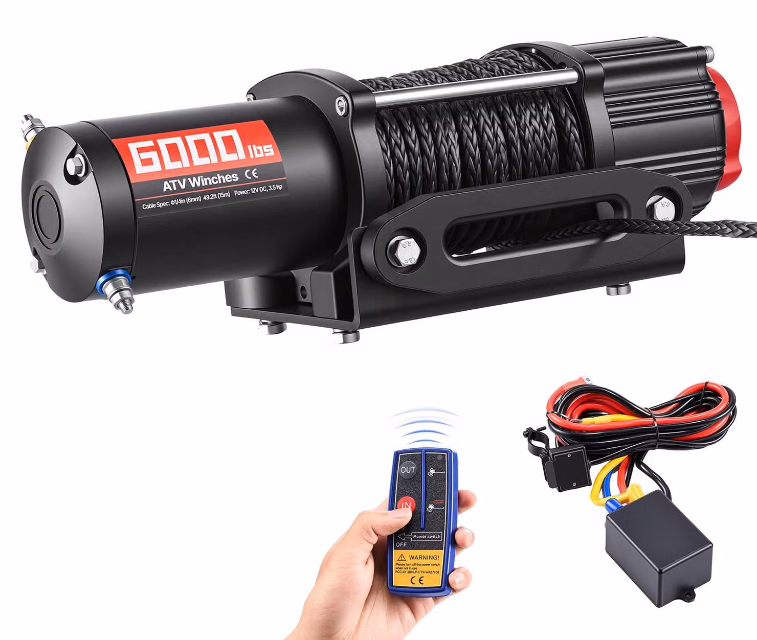 Verricello elettrico SucceBuy da 2721 kg, verricello a motore da 12 V con fune sintetica da Φ6 mm x 15 m, telecomando via radio e via cavo, IP55, verricello elettrico per ATV, UTV e veicoli fuoristrada