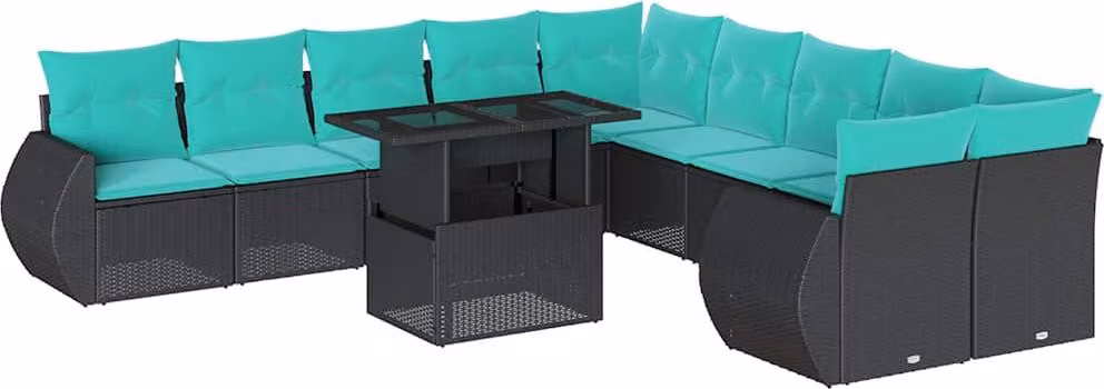 set di divani da giardino da 11 pezzi con cuscini, in polyrattan nero