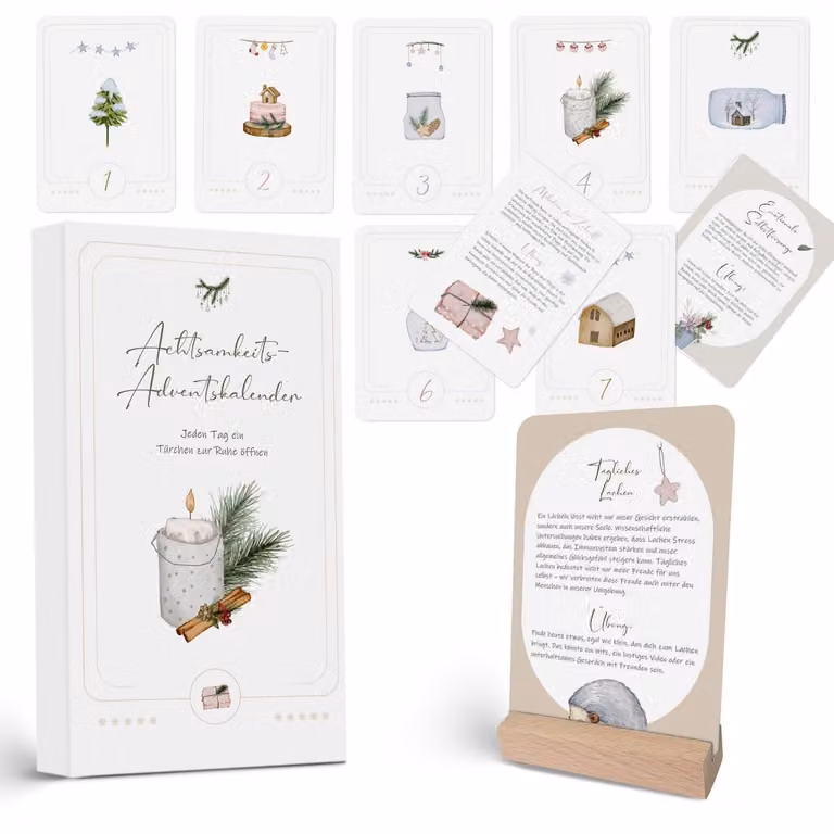 Calendario dell'Avvento per la mindfulness 2026: 24 cartoline illustrate a acquerello con esercizi e affermazioni, inclusa base in legno, graffette e corda di iuta
