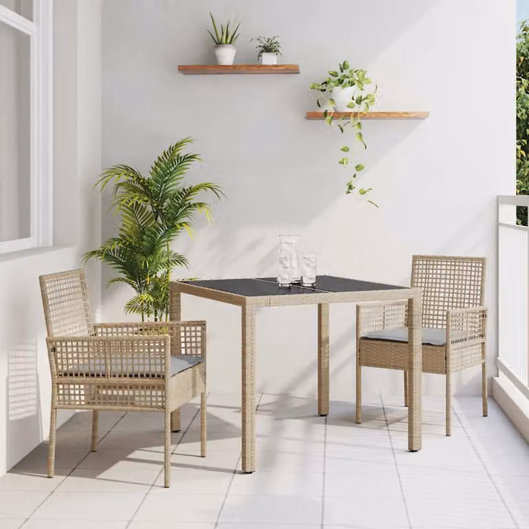 Set da pranzo per giardino e terrazzo vidaXL in polyrattan e vetro beige, composto da 3 pezzi