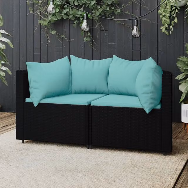 Set di divani angolari da giardino vidaXL in rattan nero con cuscini blu e struttura in acciaio verniciato a polvere – 1