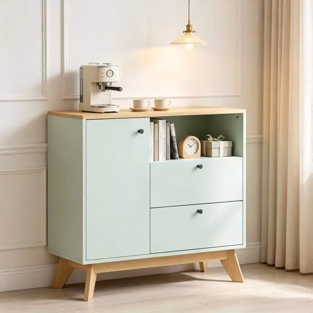 Credenza Mivray con anta, 2 cassetti e vano aperto con ripiano regolabile in MDF verde chiaro e rovere, L: 80 cm, P: 35 cm, H: 76.3 cm