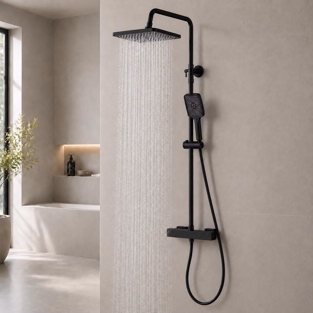 Doccia con termostato, 30x20 cm, nera, con altezza regolabile