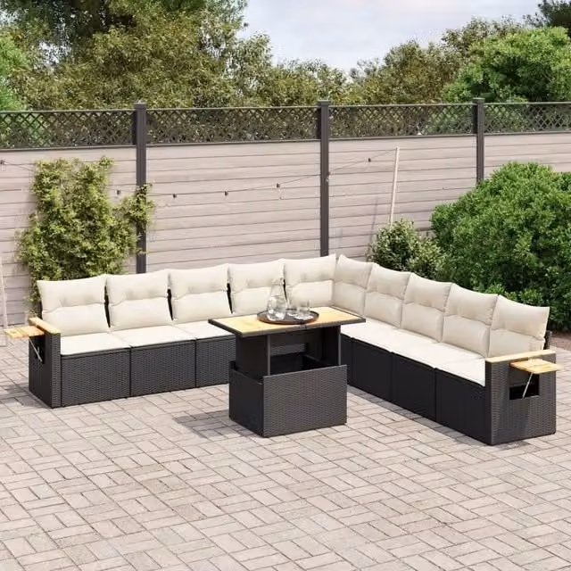 Set di divani da giardino VIDAXL in polyrattan nero con cuscini, composizione a L da 11 pezzi – 1