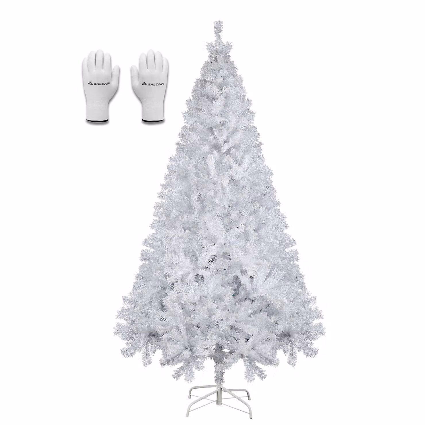 Albero di Natale artificiale Salcar 180 cm con sistema pieghevole e supporto in metallo, Ø circa 105 cm con 735 punte, bianco